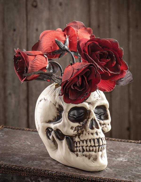 Totenkopf-Vase mit animierten Rosen