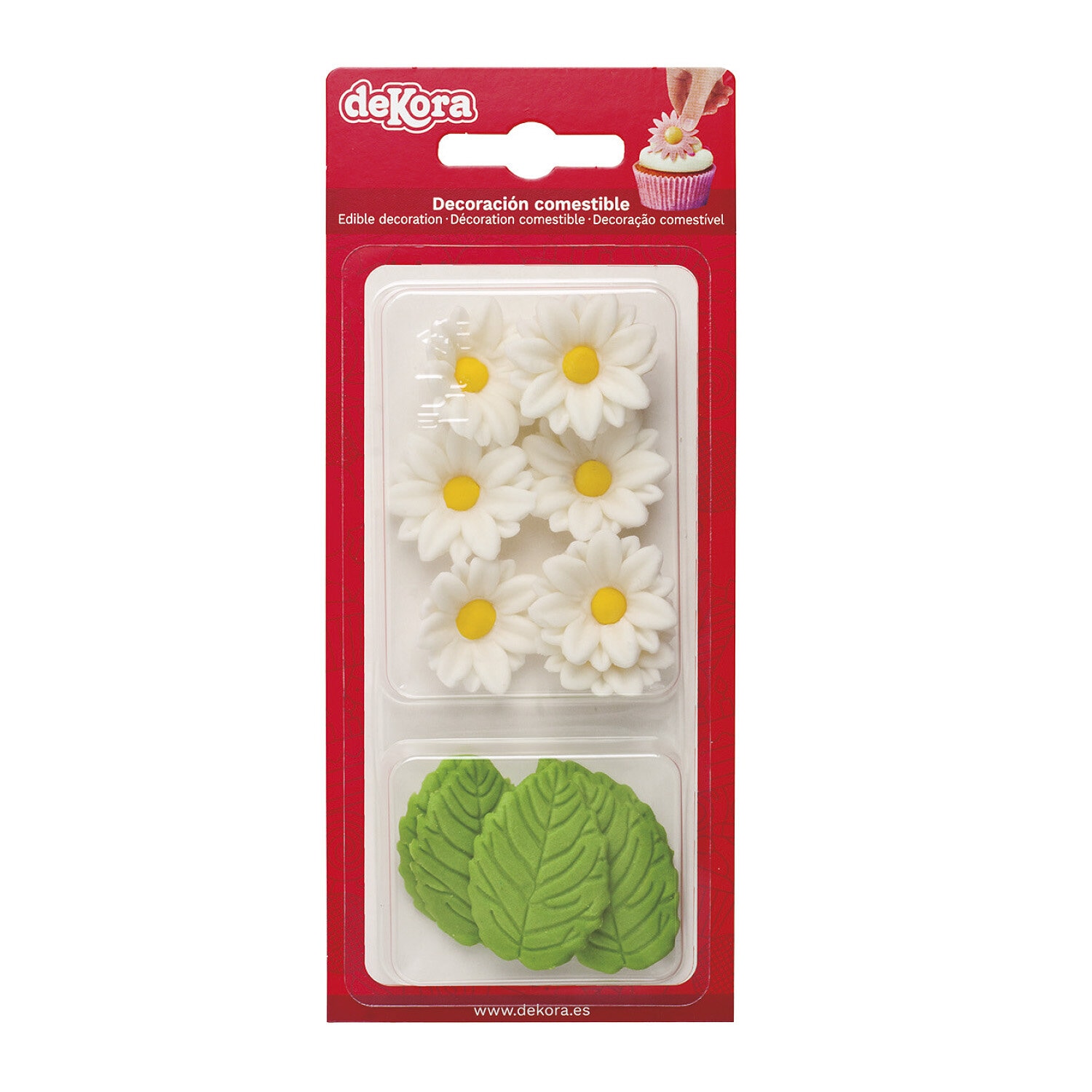 Zuckerdekorationen Weiße Blumen mit Blättern 12er-Pack