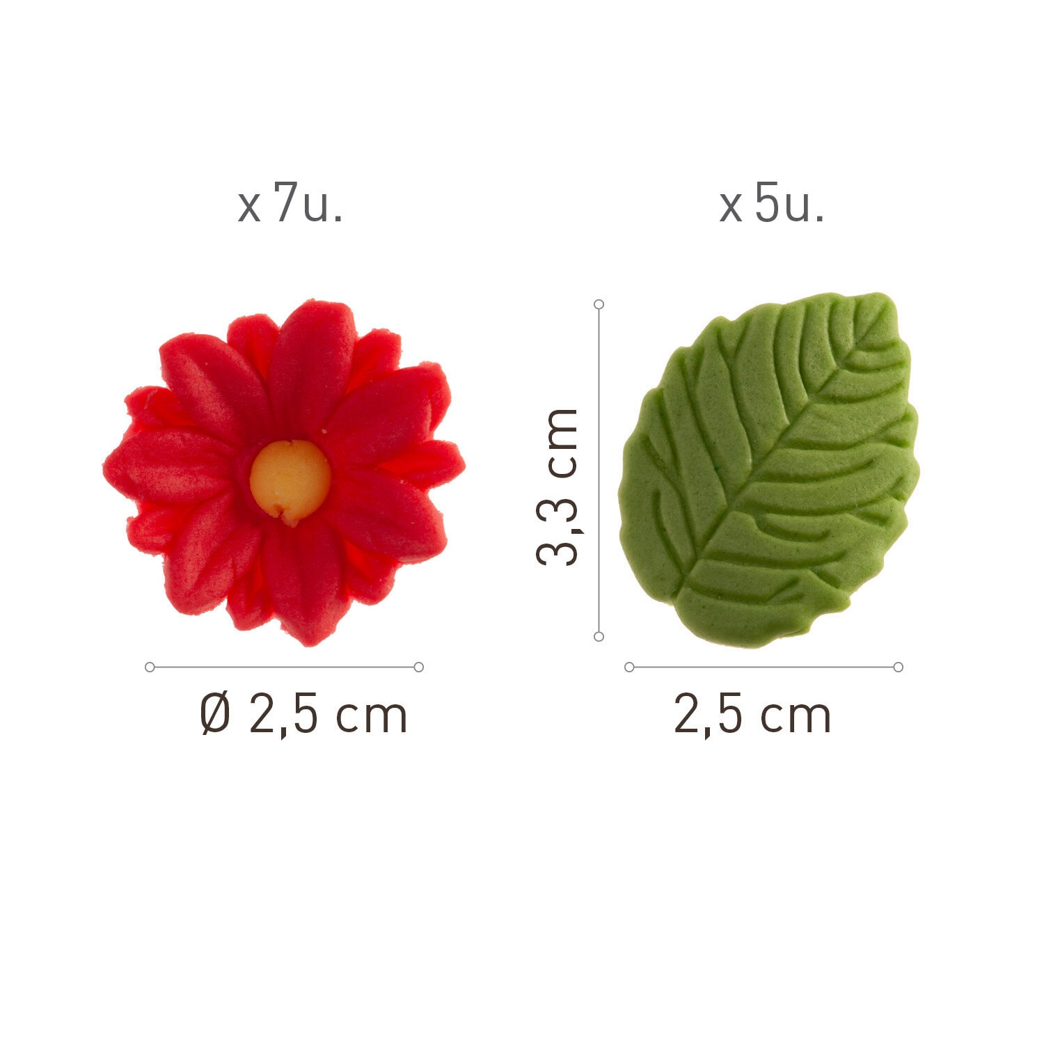 Zuckerdekorationen Rote Blumen mit Blättern 12er-Pack