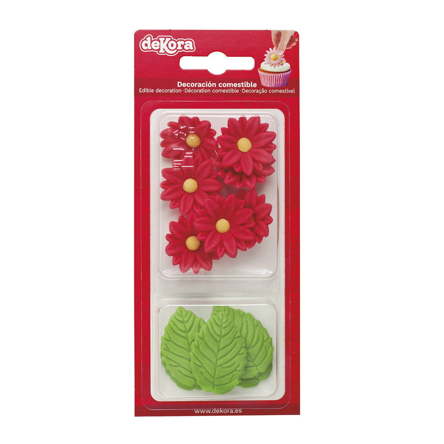 Zuckerdekorationen Rote Blumen mit Blättern 12er-Pack