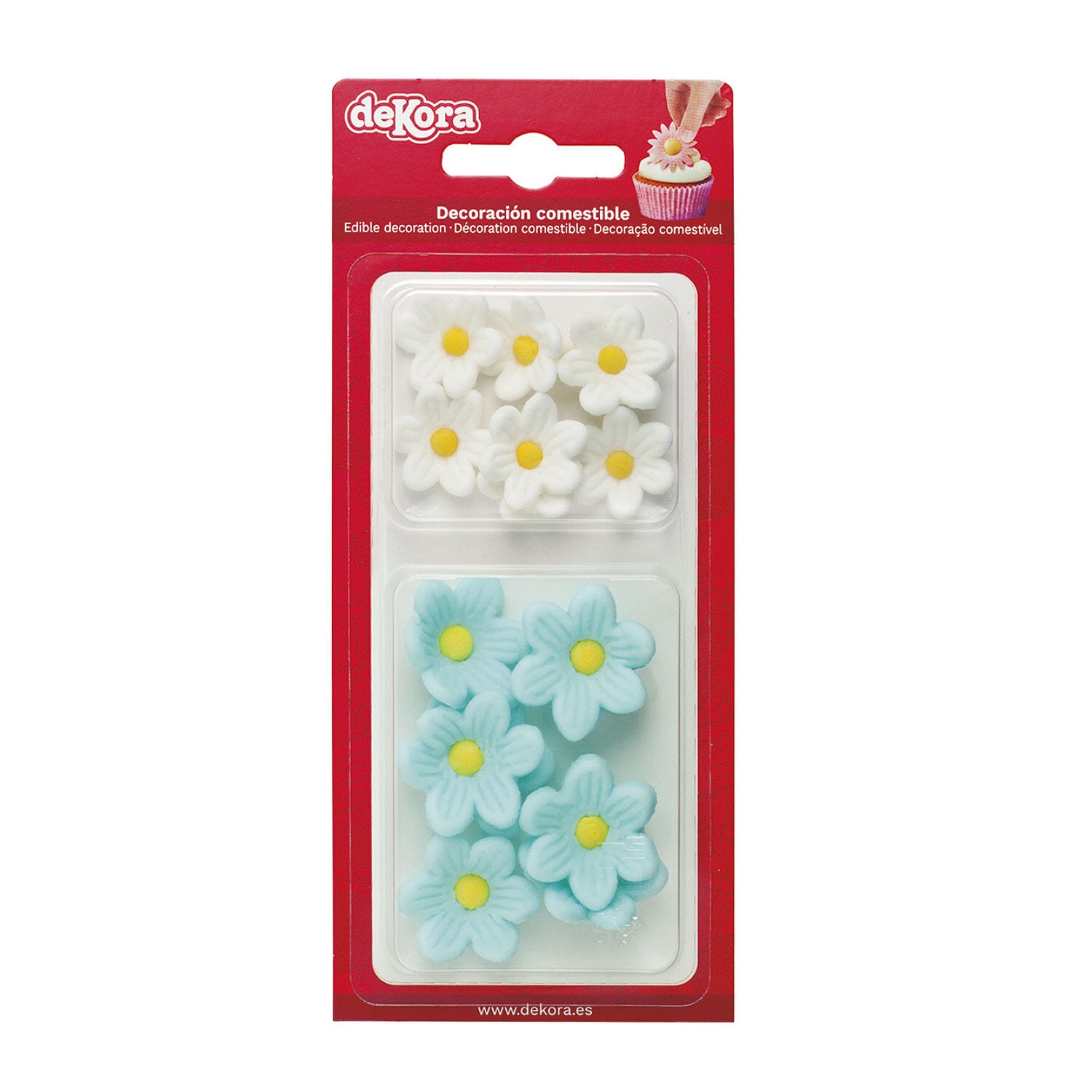 Zuckerdekorationen Blau/Weiße Blumen 14er-Pack