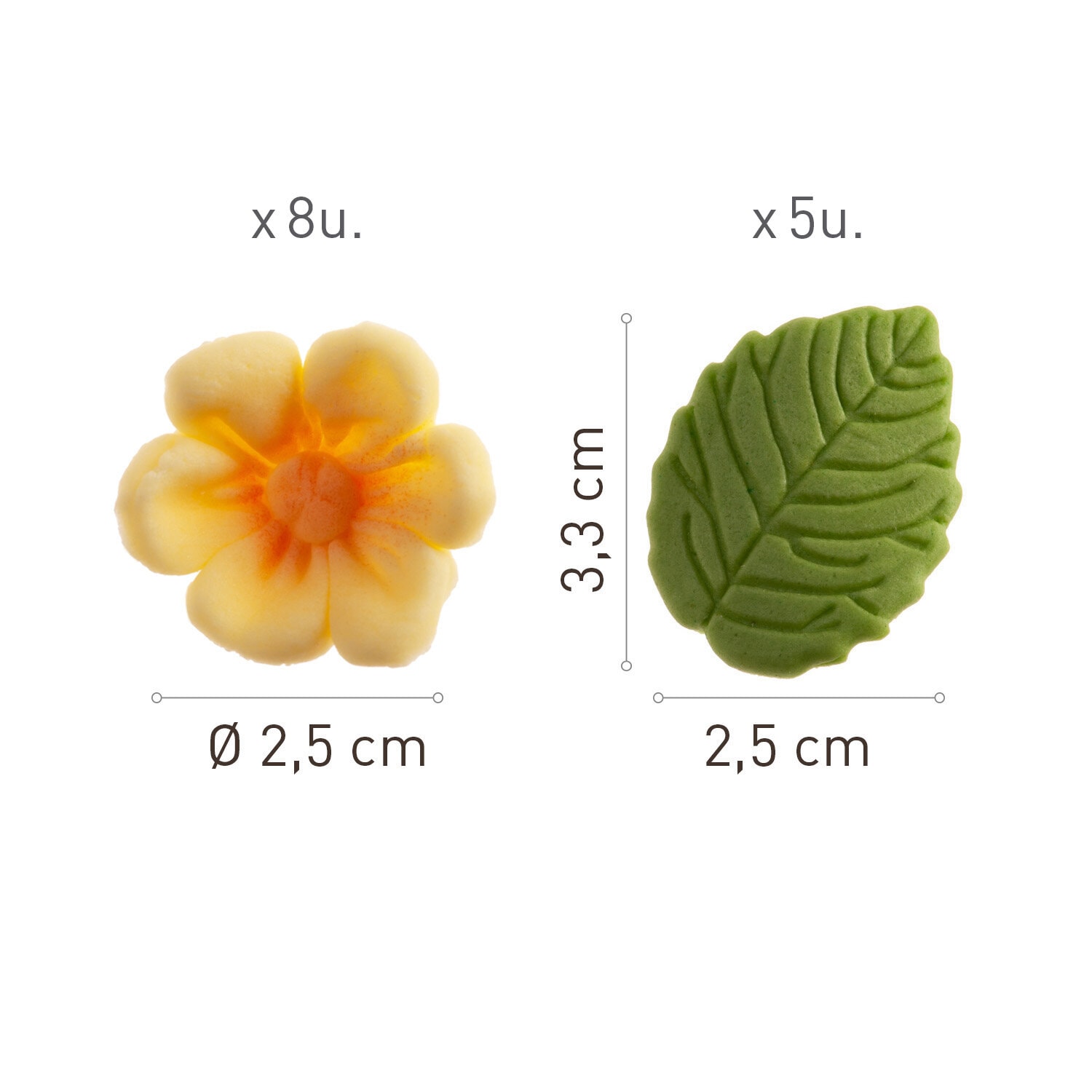 Zuckerdekorationen Gelbe Blumen mit Blättern 13er-Pack