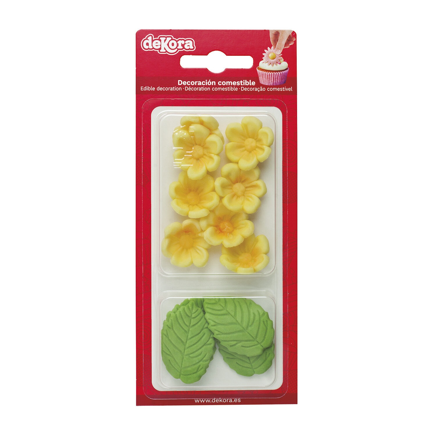 Zuckerdekorationen Gelbe Blumen mit Blättern 13er-Pack