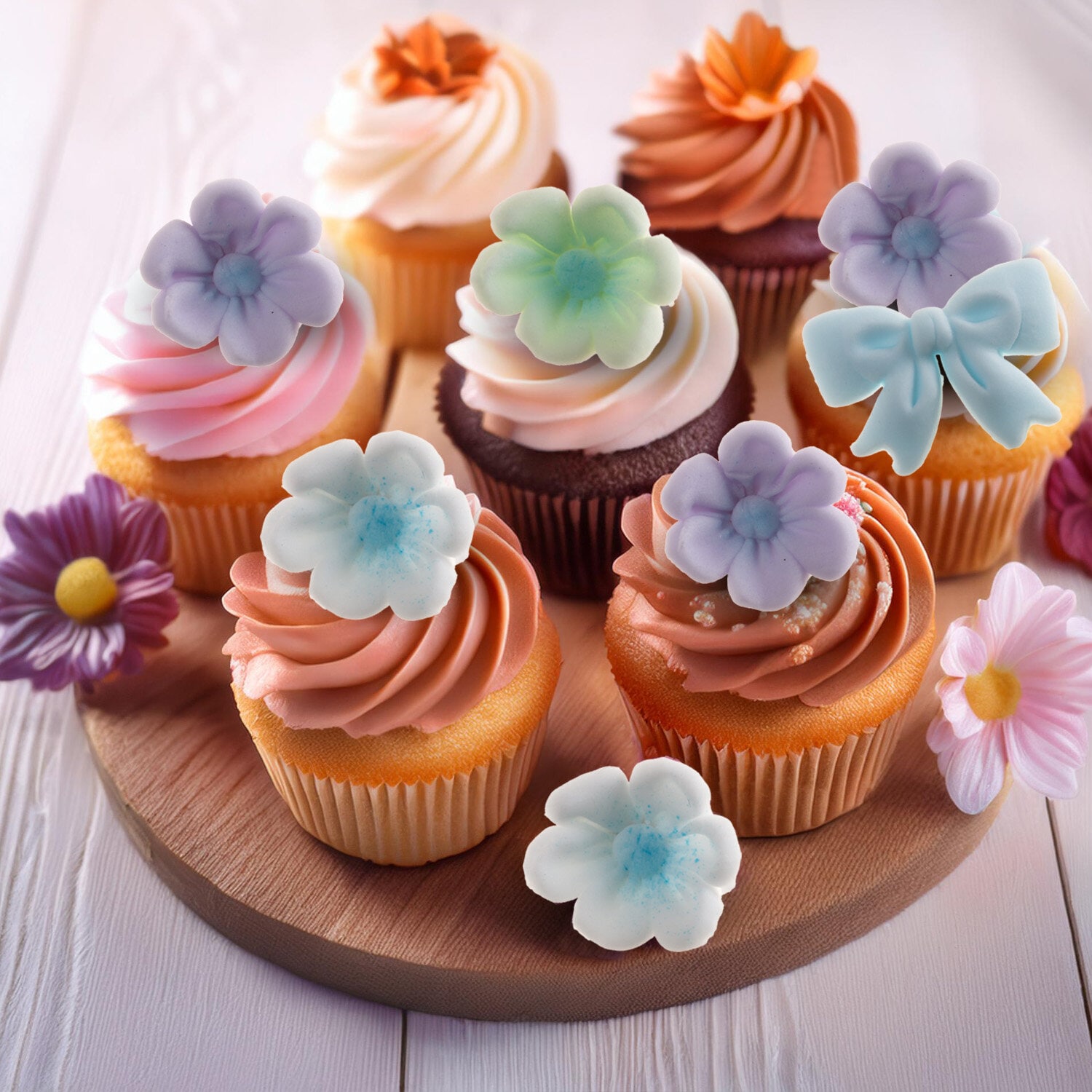 Zuckerdekorationen Blumen & Schleifen Blau 10er-Pack