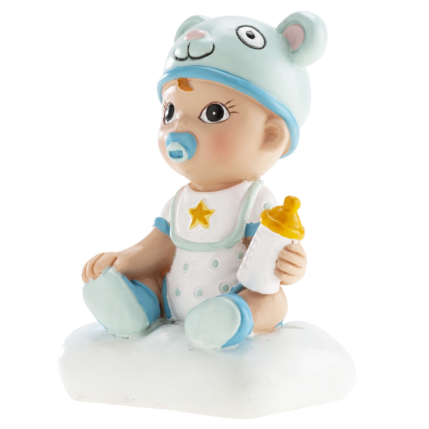 Tortenfigur - Baby in Blau mit Babyflasche 9 cm