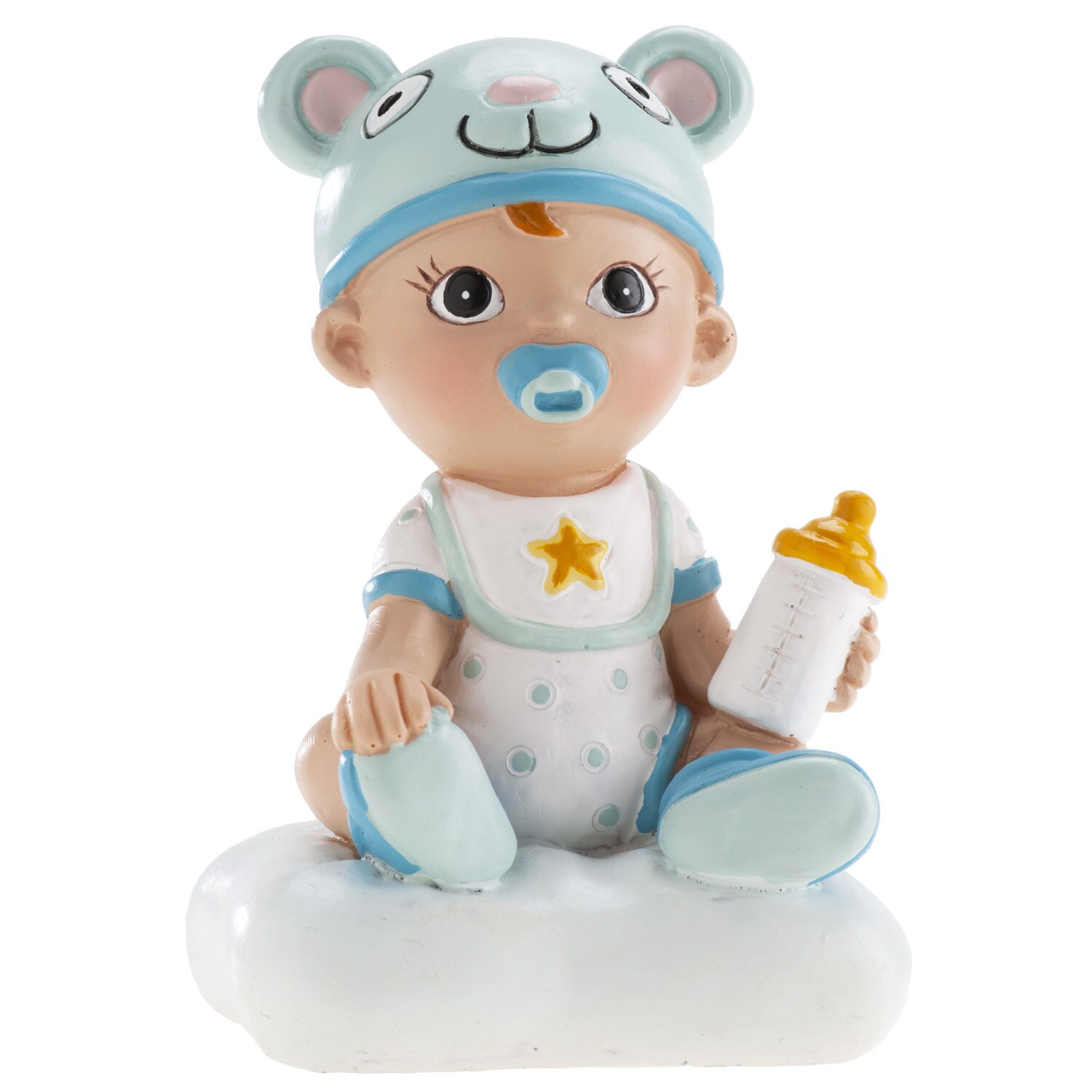 Tortenfigur - Baby in Blau mit Babyflasche 9 cm