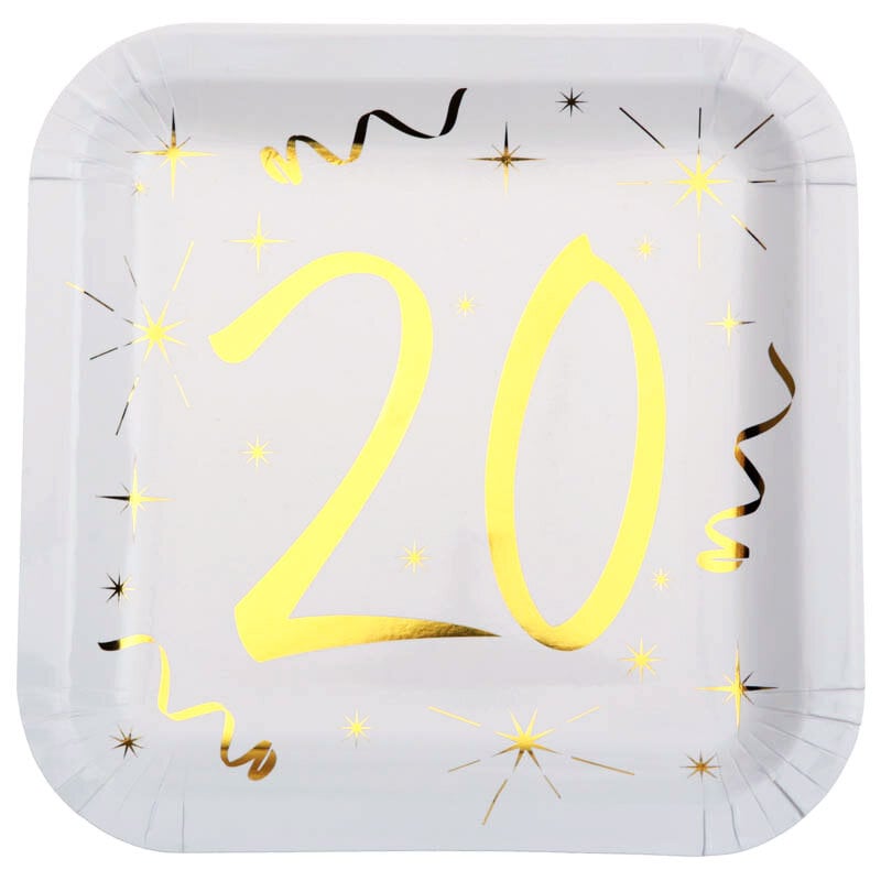 Quadratische Pappteller 20. Geburtstag, 10er-Pack
