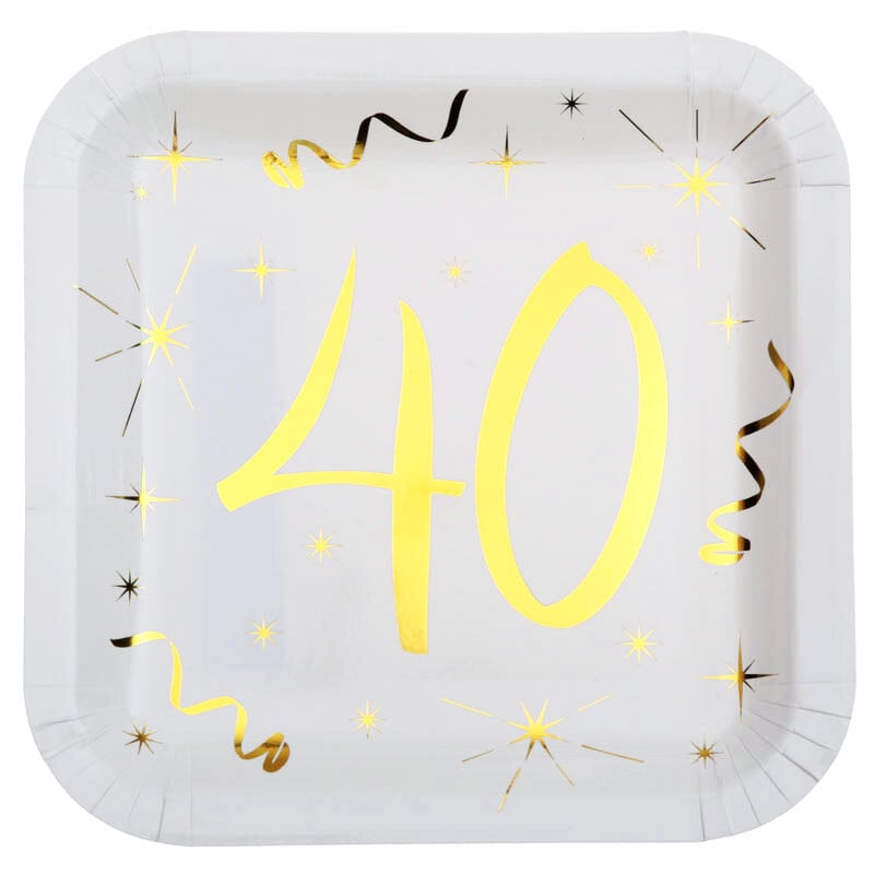 Quadratische Pappteller 40. Geburtstag, 10er-Pack
