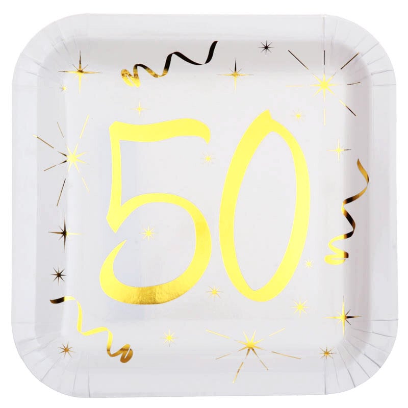Quadratische Pappteller 50. Geburtstag, 10er-Pack