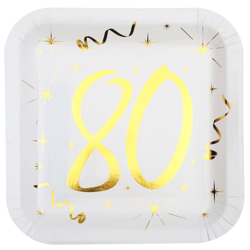 Quadratische Pappteller 80. Geburtstag, 10er-Pack