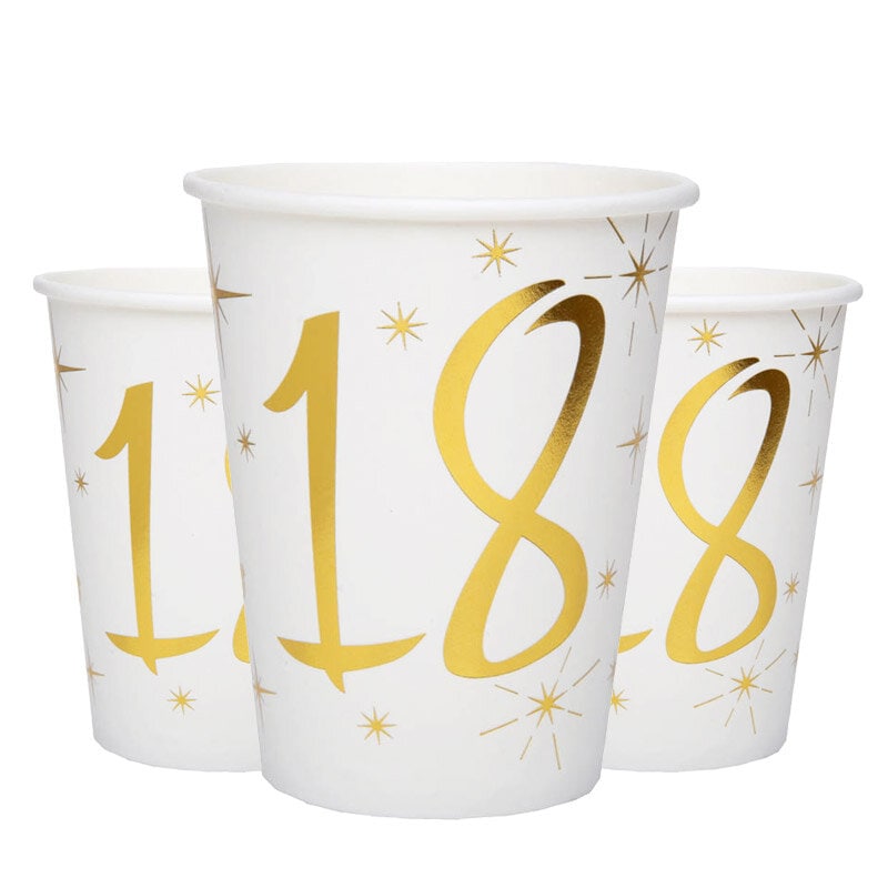 Pappbecher Weiß & Gold 18. Geburtstag, 10er-Pack