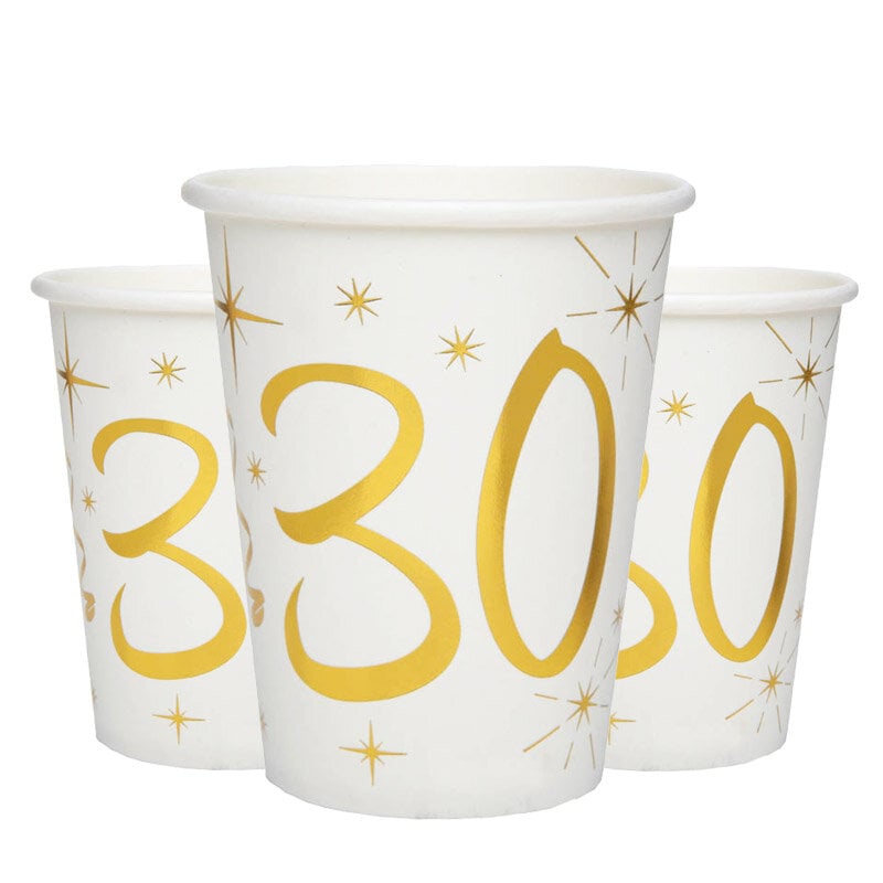 Pappbecher Weiß & Gold 30. Geburtstag, 10er-Pack