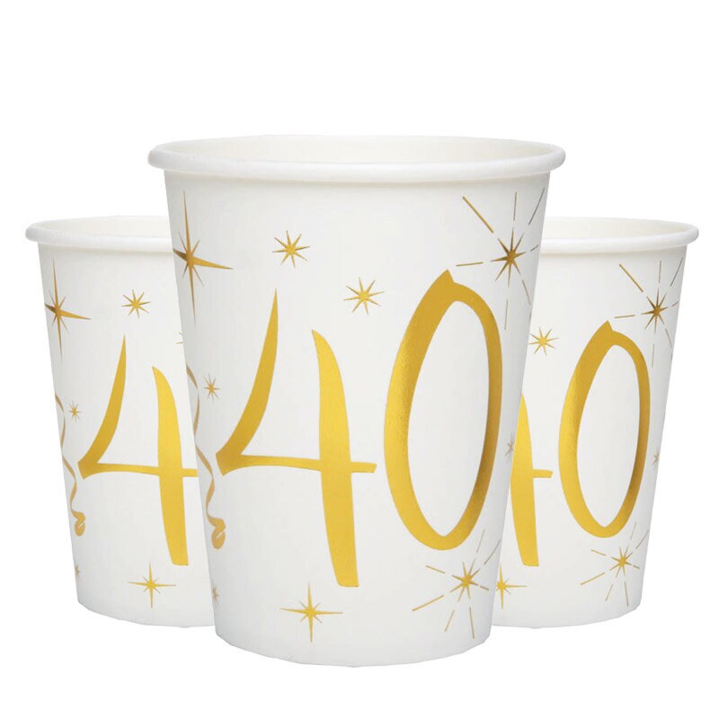 Pappbecher Weiß & Gold 40. Geburtstag, 10er-Pack