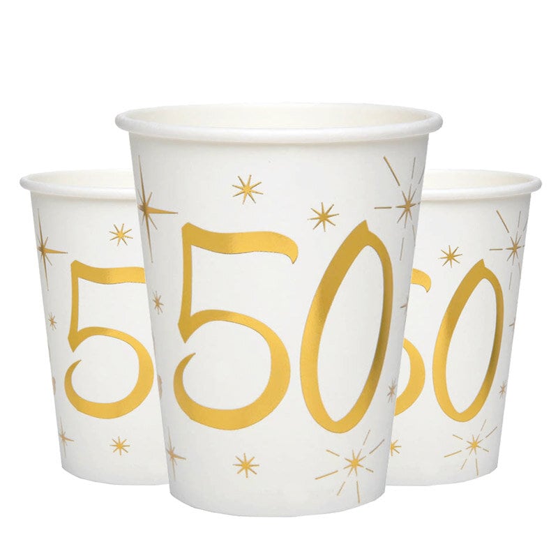 Pappbecher Weiß & Gold 50. Geburtstag, 10er-Pack