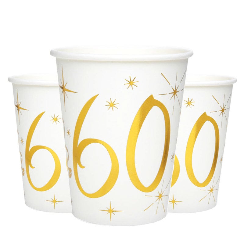 Pappbecher Weiß & Gold 60. Geburtstag, 10er-Pack