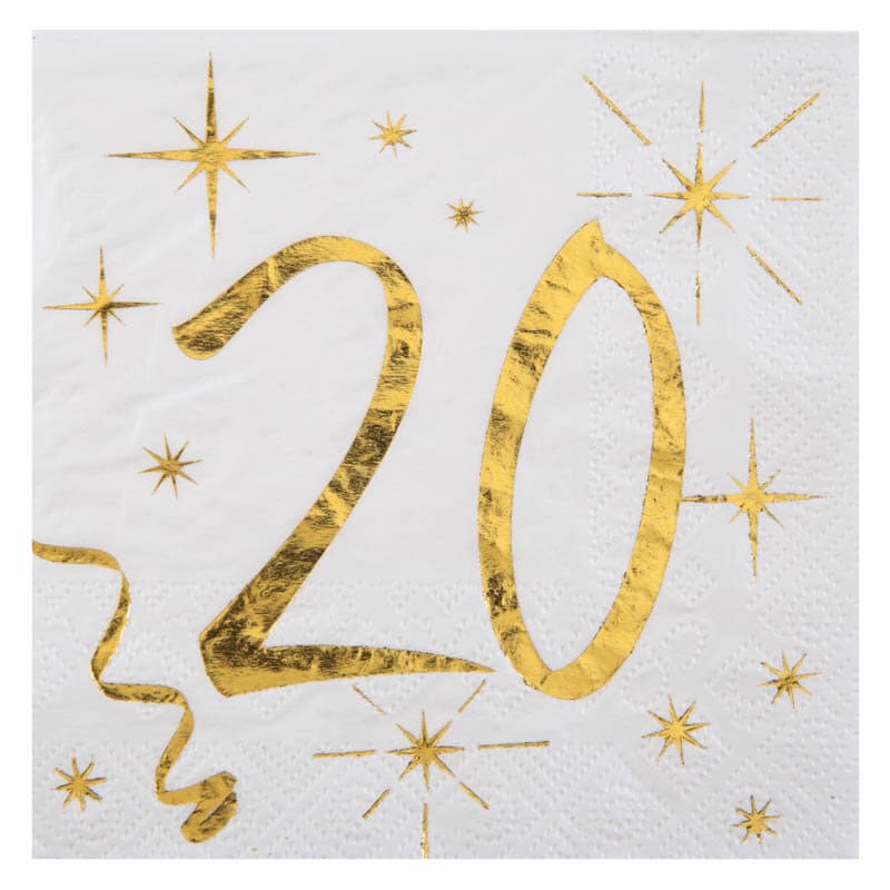 Servietten Weiß & Gold 20. Geburtstag 20er-Pack