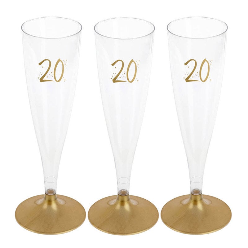 Champagnergläser aus Kunststoff mit Goldfuß, Zahl 20 6er-Pack