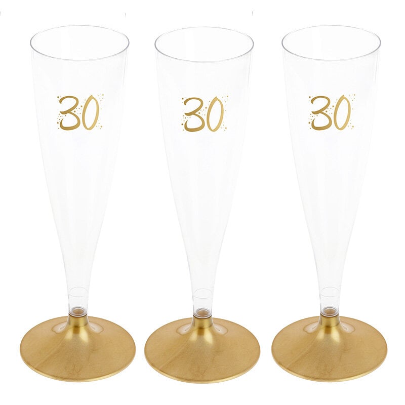 Champagnergläser aus Kunststoff mit Goldfuß, Zahl 30 6er-Pack