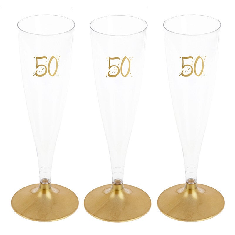 Champagnergläser aus Kunststoff mit Goldfuß, Zahl 50 6er-Pack
