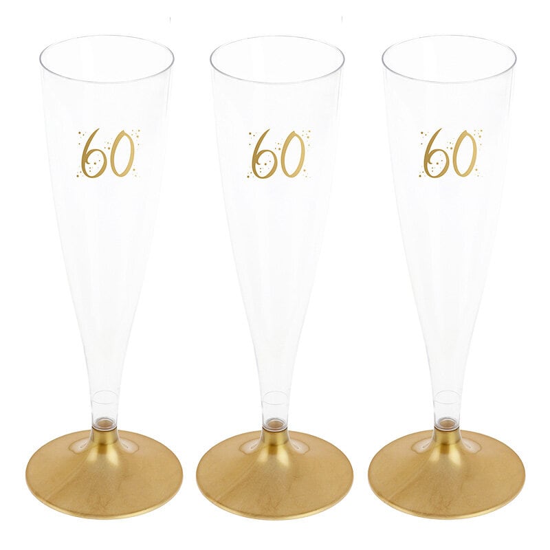 Champagnergläser aus Kunststoff mit Goldfuß, Zahl 60 6er-Pack