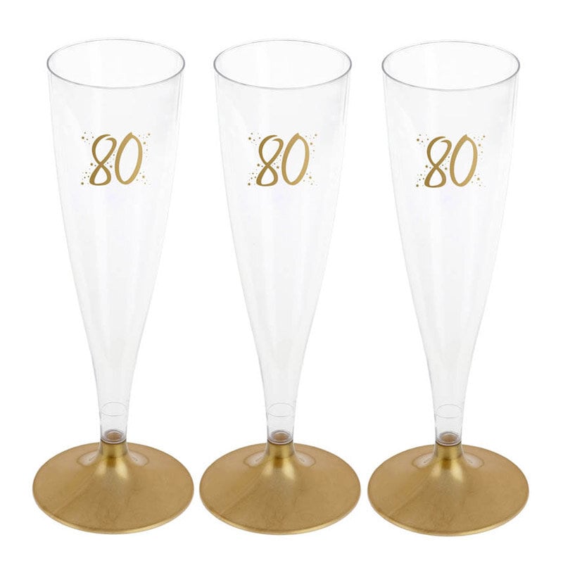 Champagnergläser aus Kunststoff mit Goldfuß, Zahl 80 6er-Pack
