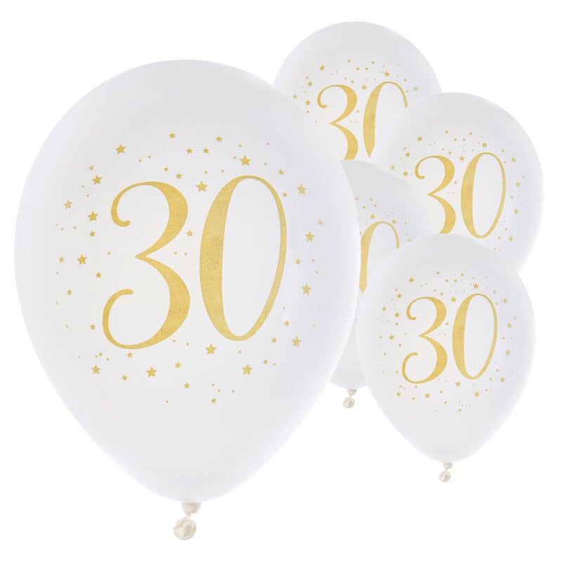 Ballons Weiß & Gold Zahl 30, 8er Pack