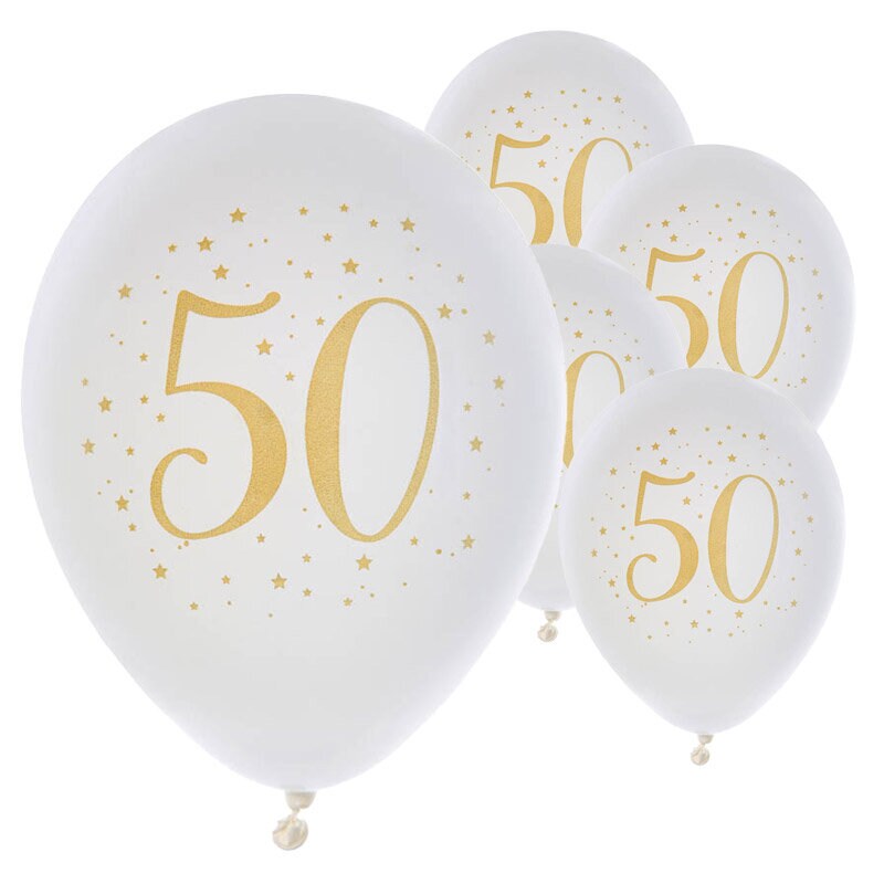 Ballons Weiß & Gold Zahl 50, 8er-Pack
