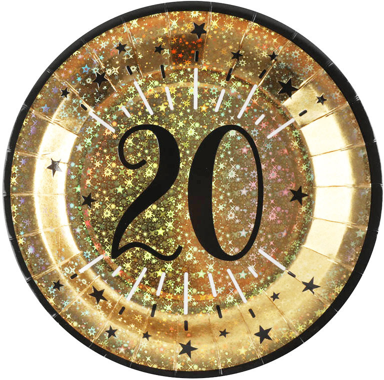 Goldglitzernde Pappteller 20. Geburtstag 10er-Pack