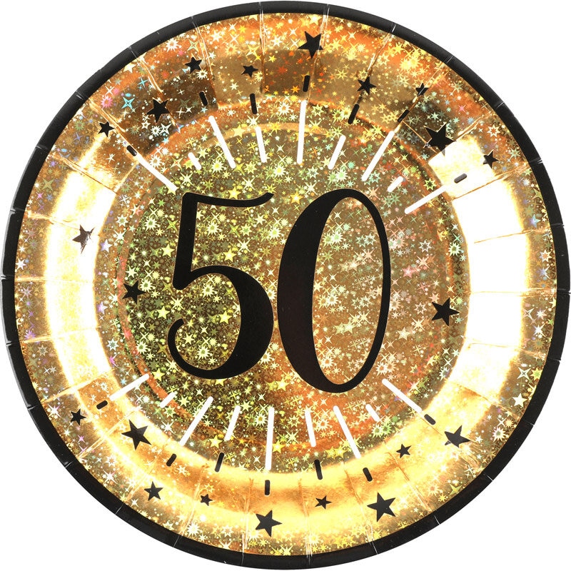 Goldglitzernde Pappteller 50. Geburtstag 10er-Pack