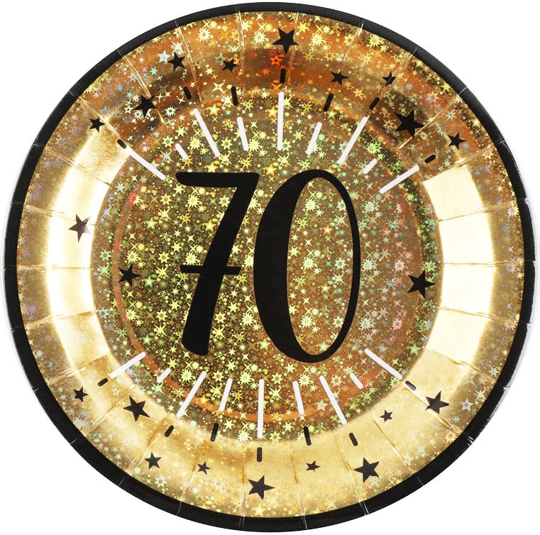 Goldglitzernde Pappteller 70. Geburtstag 10er-Pack