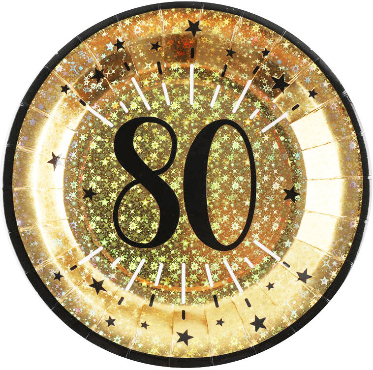 Goldglitzernde Pappteller 80. Geburtstag 10er-Pack
