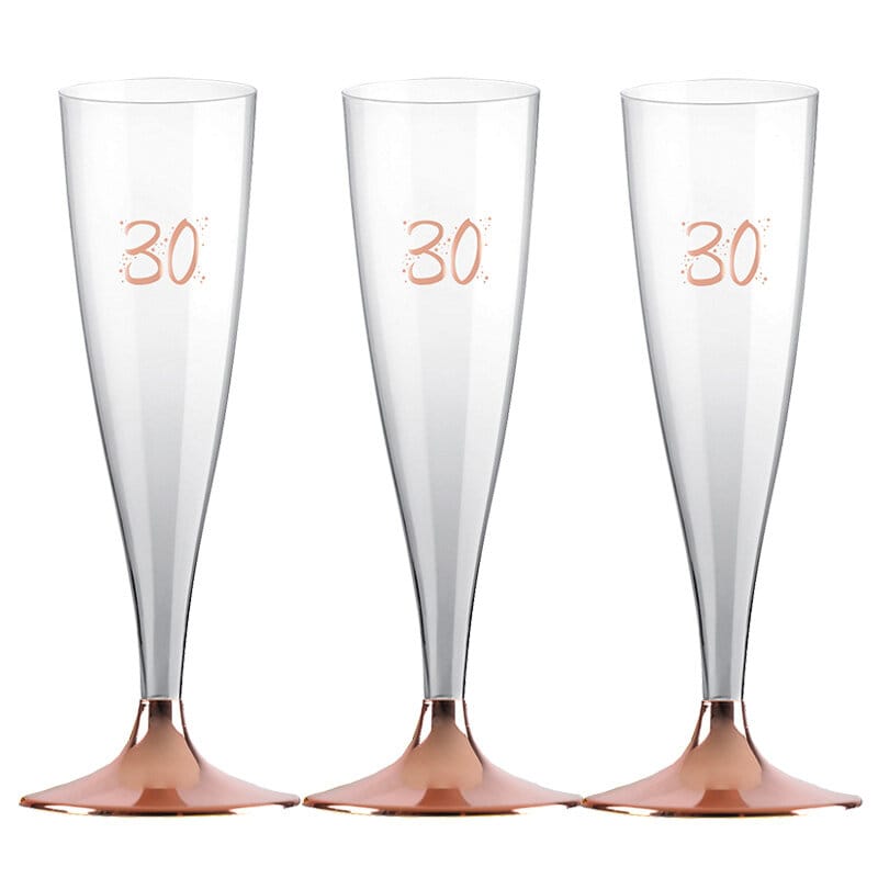 Champagnergläser aus Kunststoff mit Roségoldfuß, Zahl 30 6er-Pack