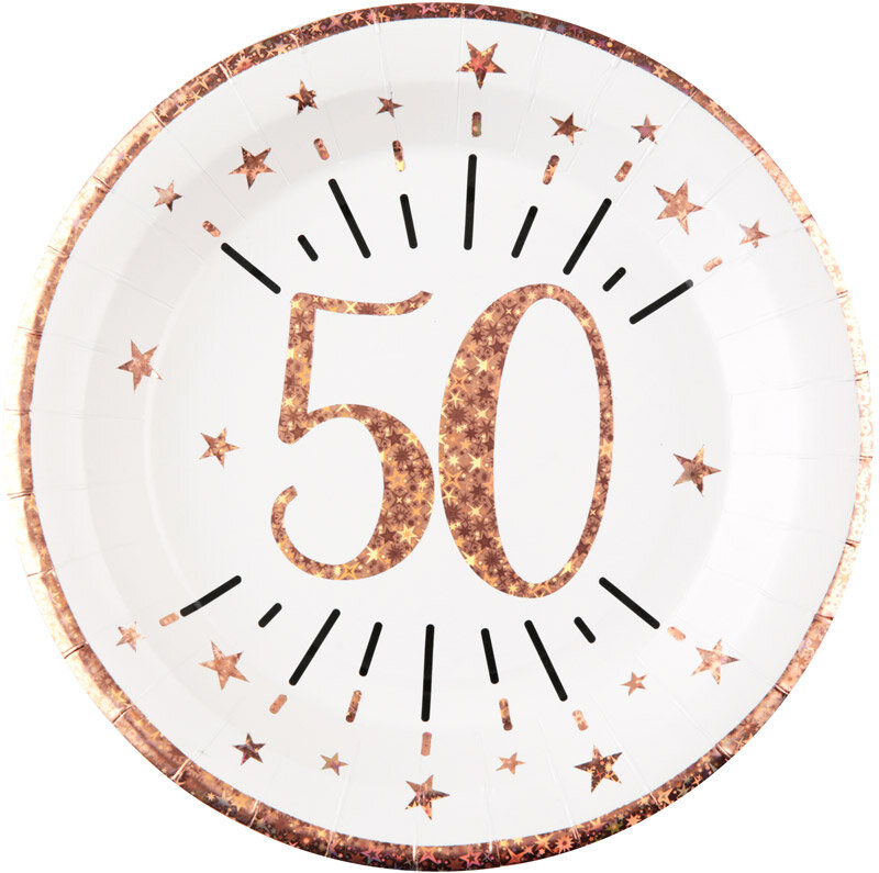 Roségold glitzernde Teller 50. Geburtstag 10er-Pack