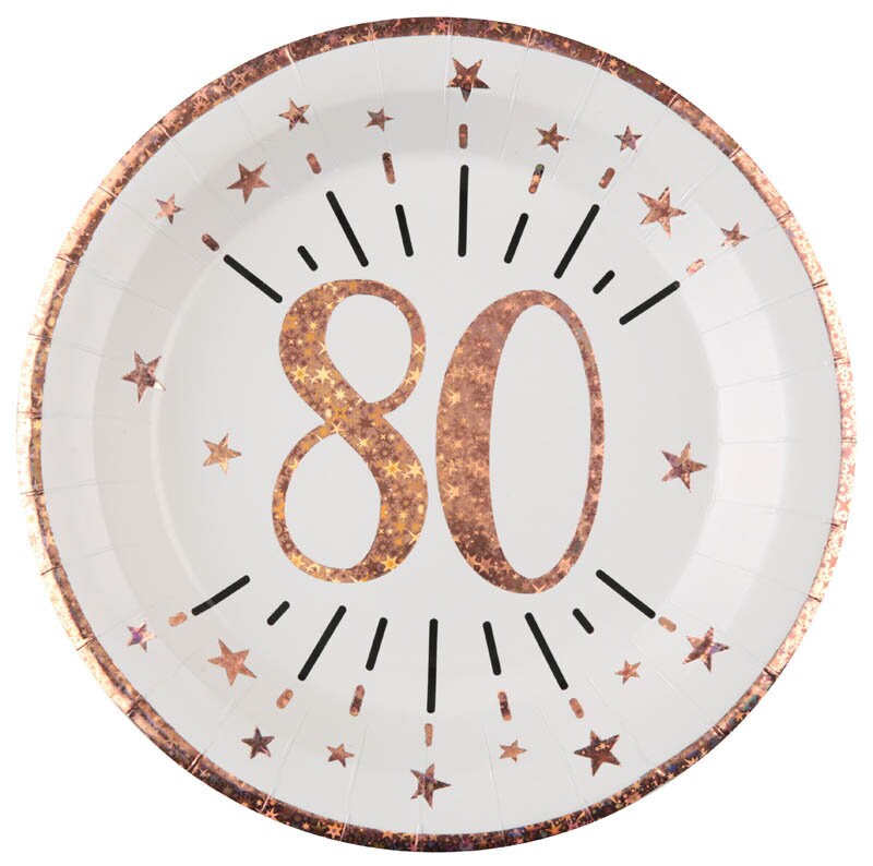 Roségold glitzernde Teller 80. Geburtstag 10er-Pack