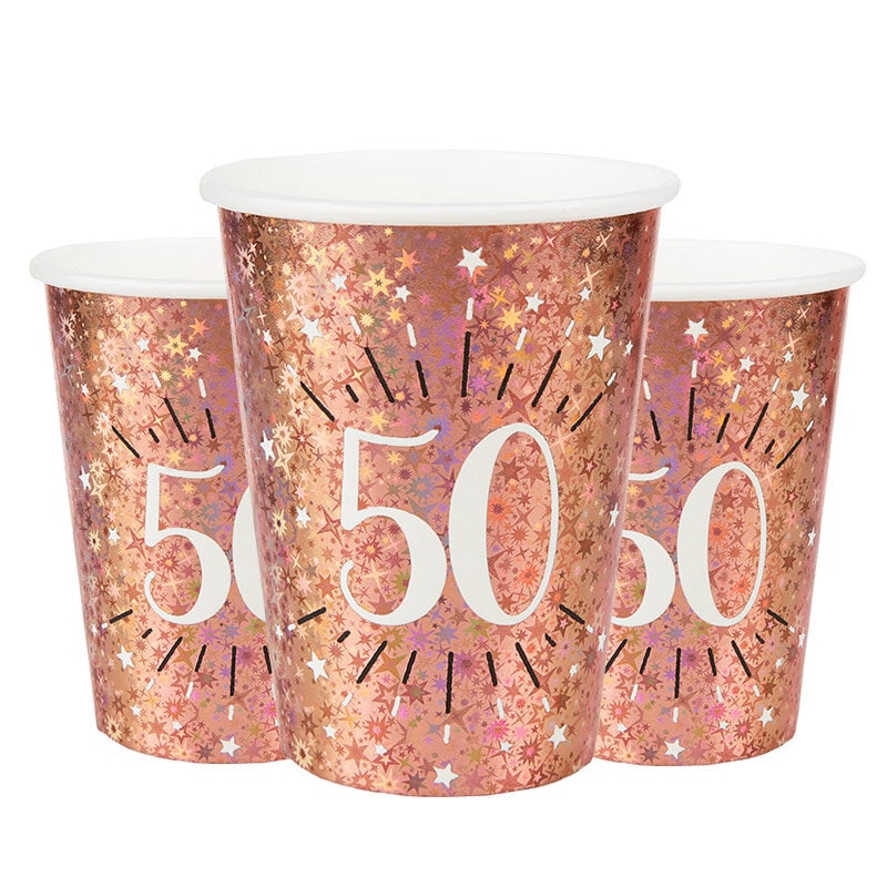 Roségold glitzernde Becher 50. Geburtstag 10er-Pack
