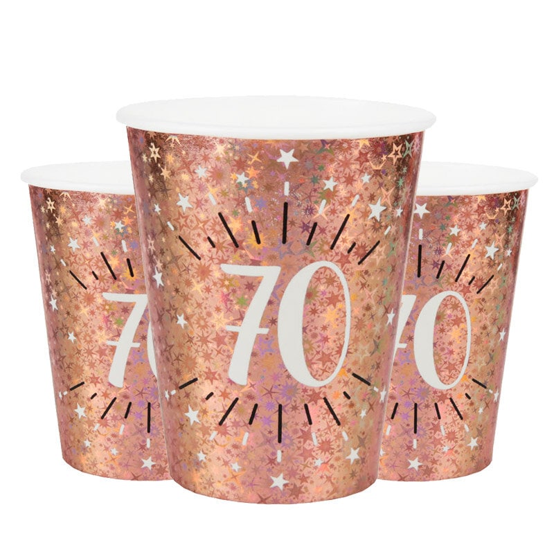 Roségold glitzernde Becher 70. Geburtstag 10er-Pack