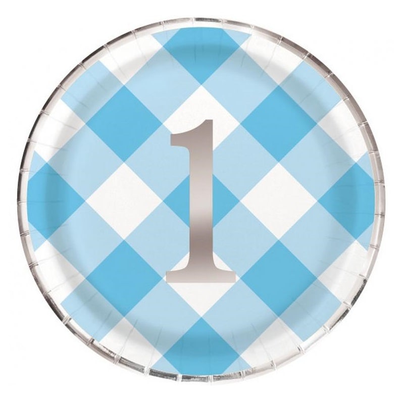 Blaukarierte Teller - 1 Jahr, 8er-Pack