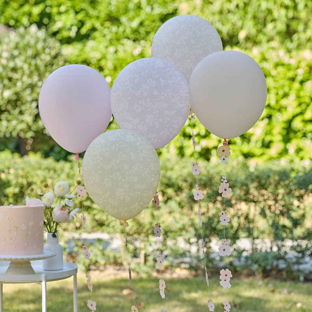 Rosa Blumen - Ballons mit Ballonschwanz 5er Pack