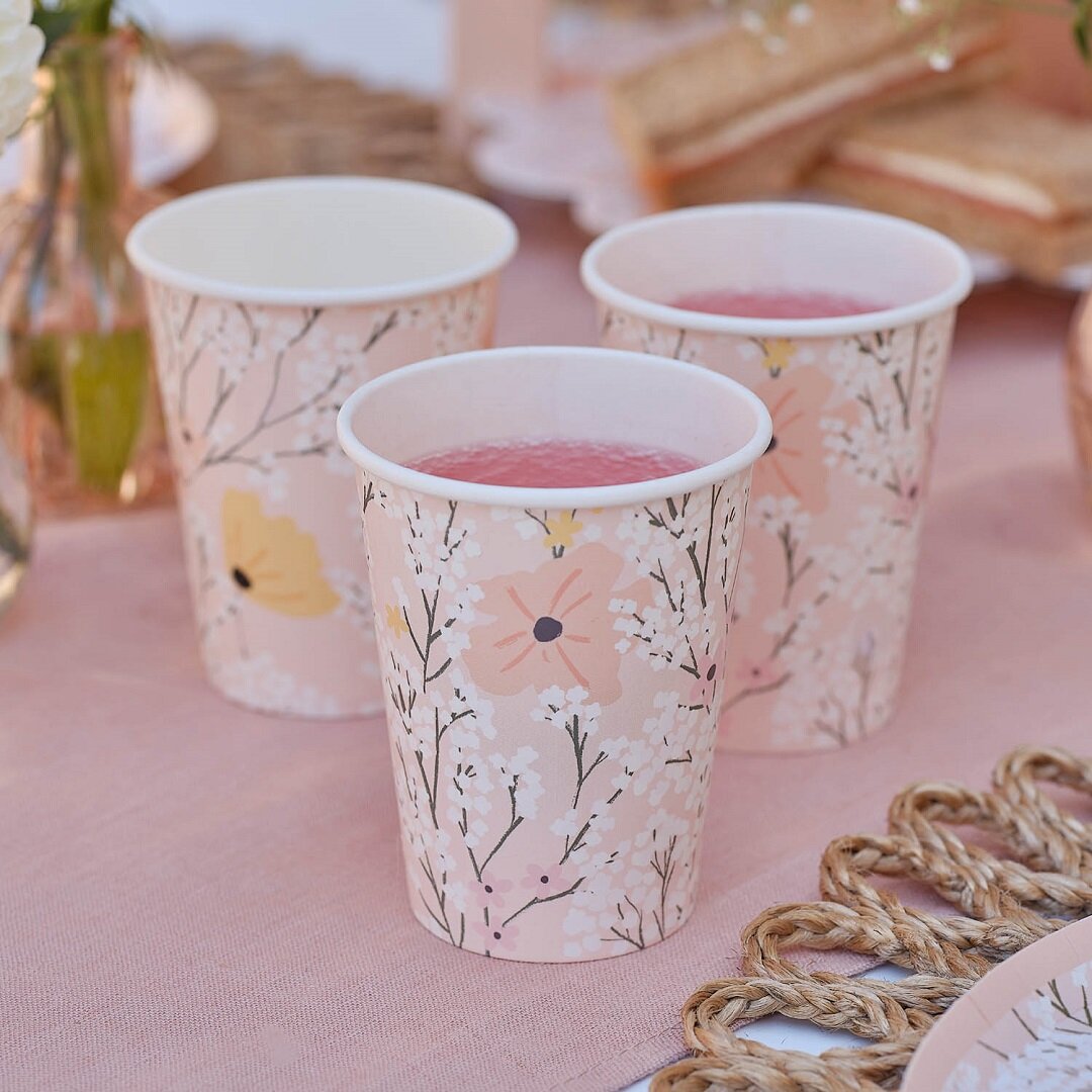 Rosa Blumen - Pappbecher 8er-Pack