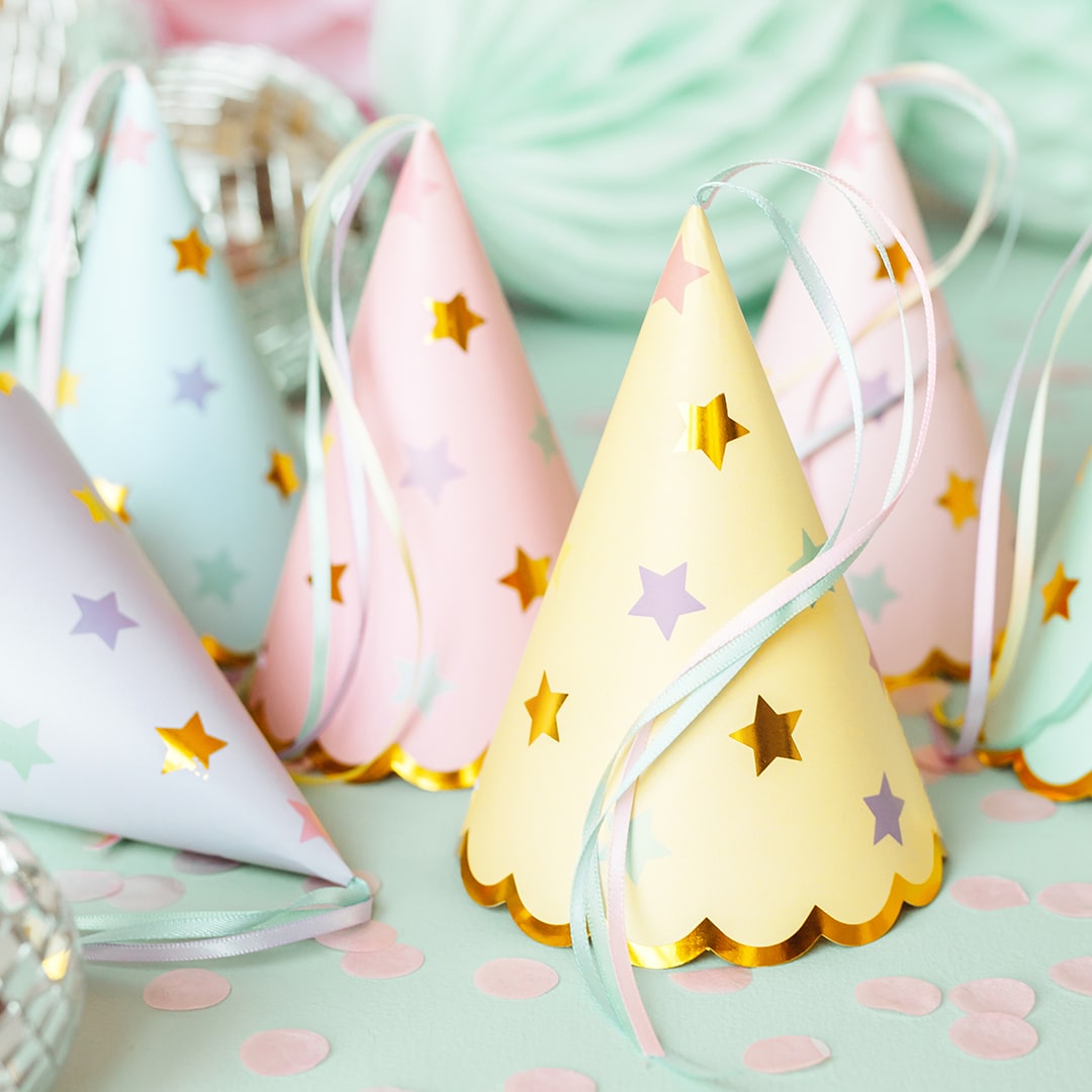 Partyhüte Pastellfarben mit Sternen 6er-Pack