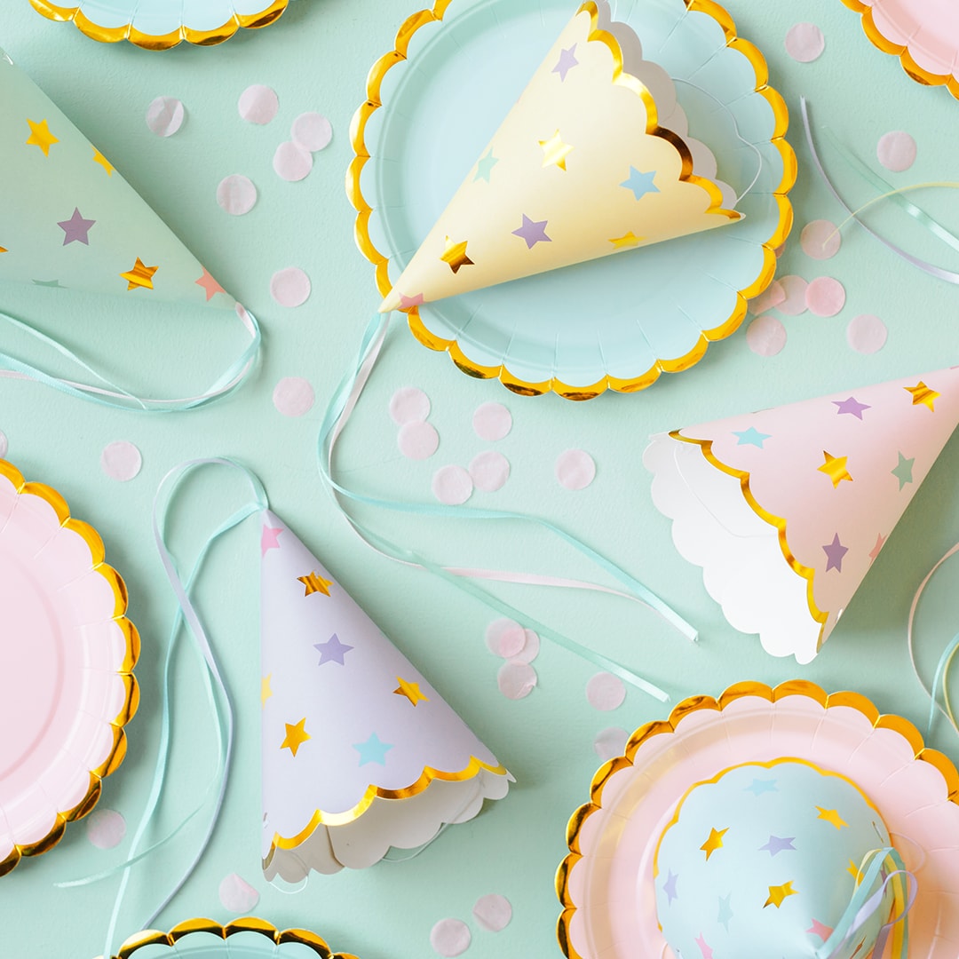 Partyhüte Pastellfarben mit Sternen 6er-Pack