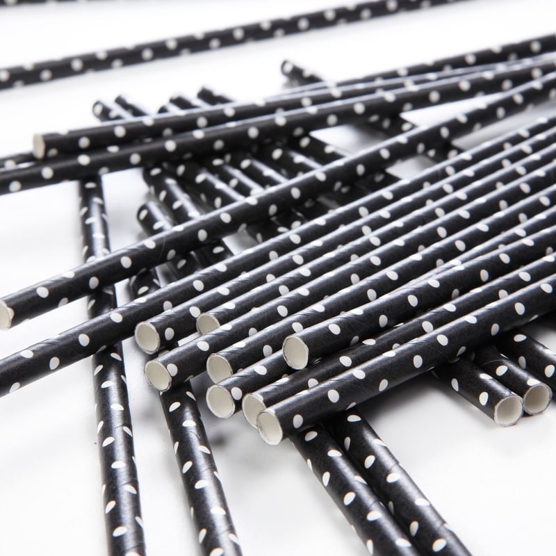 Papierstrohhalme - Schwarze mit Punkten 10er-Pack
