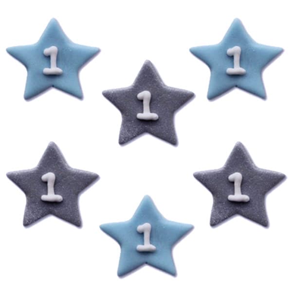 Zuckerdekorationen mit Sternen in Blau und Silber 6er-Pack