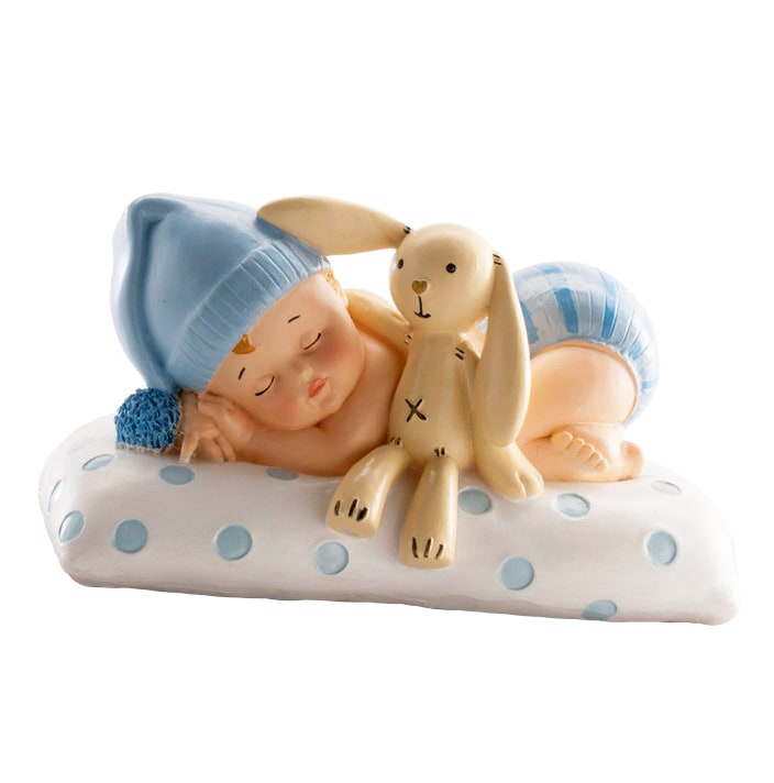 Tortenfigur - Baby in Blau mit Kuscheltier 10 cm