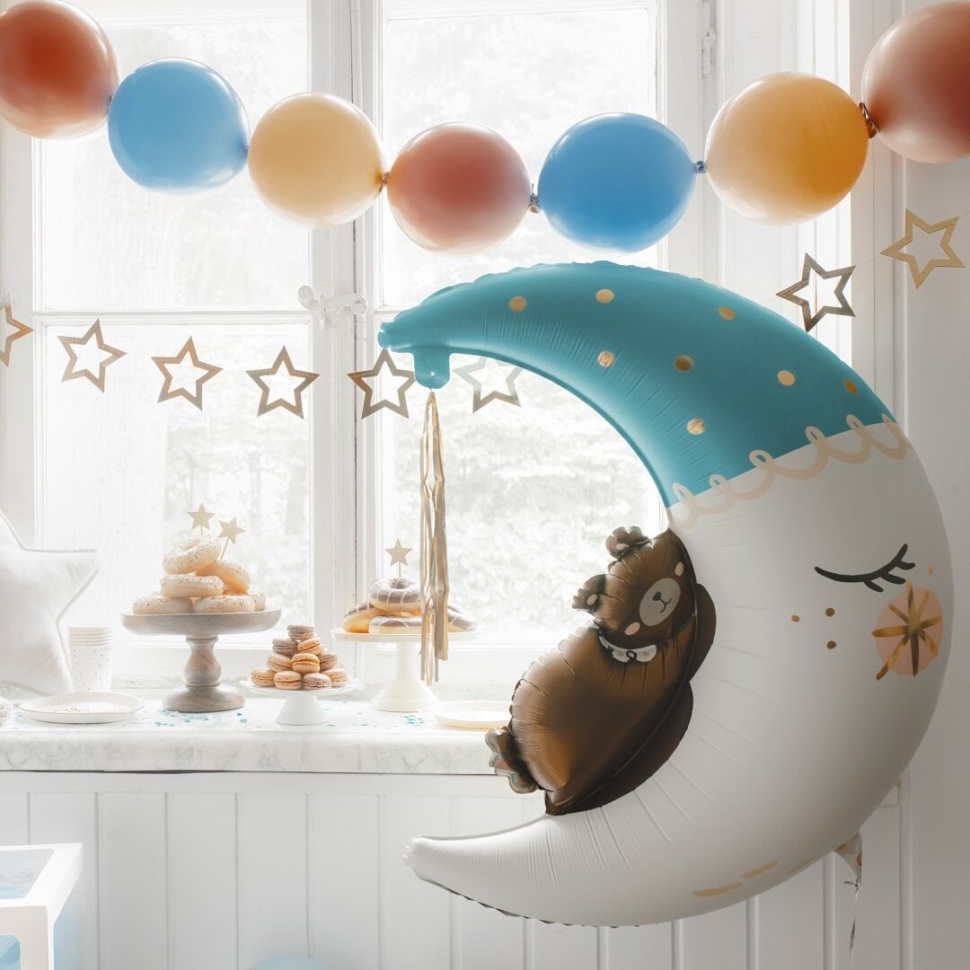 Folienballon - Halbmond mit Teddybär blau 80 x 98 cm