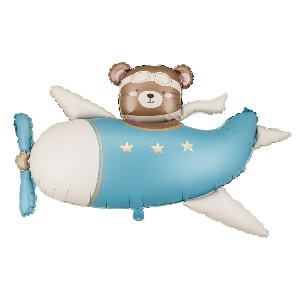 Folienballon Teddybär im blauen Flugzeug 94 cm