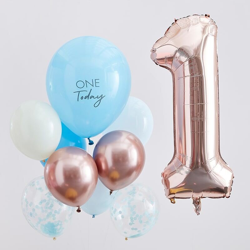 Ballon Bouquet 1 Jahr - Blau/Roségold