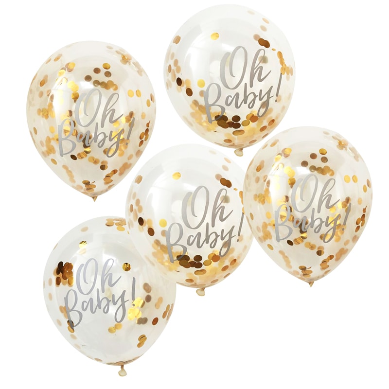 Oh Baby - Luftballons mit goldenem Konfetti im 5er Pack