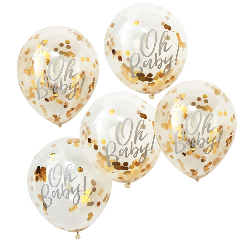 Oh Baby - Luftballons mit goldenem Konfetti im 5er-Pack