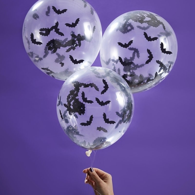 Luftballons mit Fledermaus-Konfetti 5er Pack